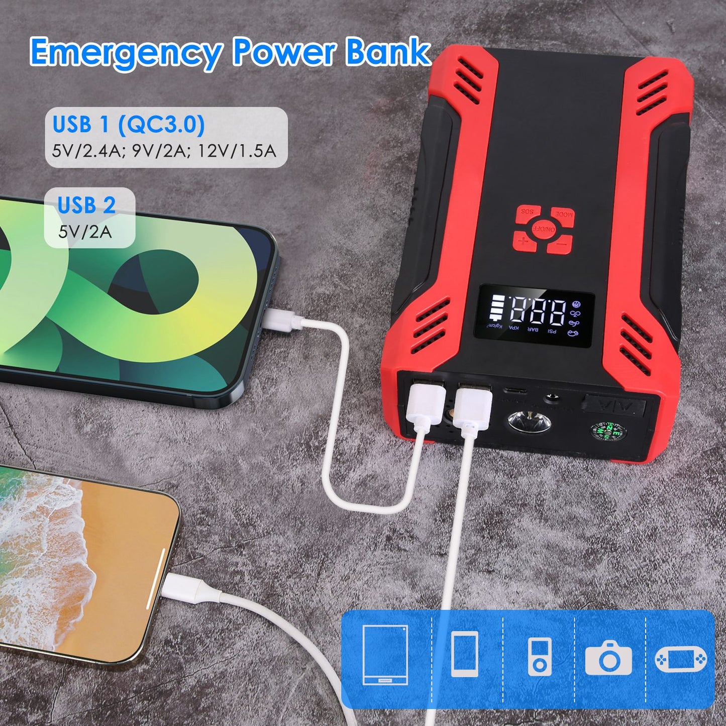 1Pc Car Jump Starter With Air Compressor Portable Car Battery Booster With Digital Tire Inflator With 2000mAh Peak Current For 12V Car 6.5L Gas Or 4.0L Diesel Engines