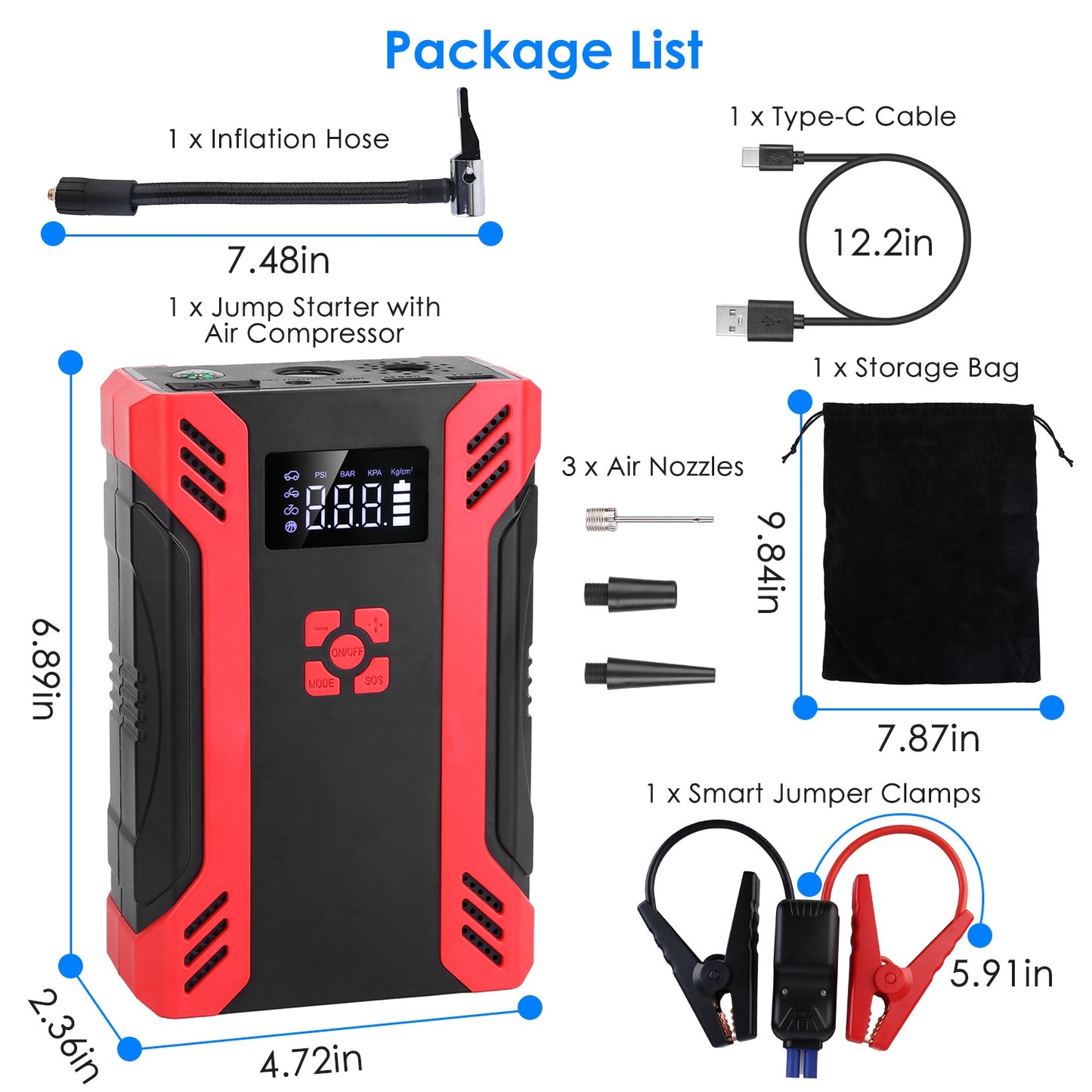 1Pc Car Jump Starter With Air Compressor Portable Car Battery Booster With Digital Tire Inflator With 2000mAh Peak Current For 12V Car 6.5L Gas Or 4.0L Diesel Engines